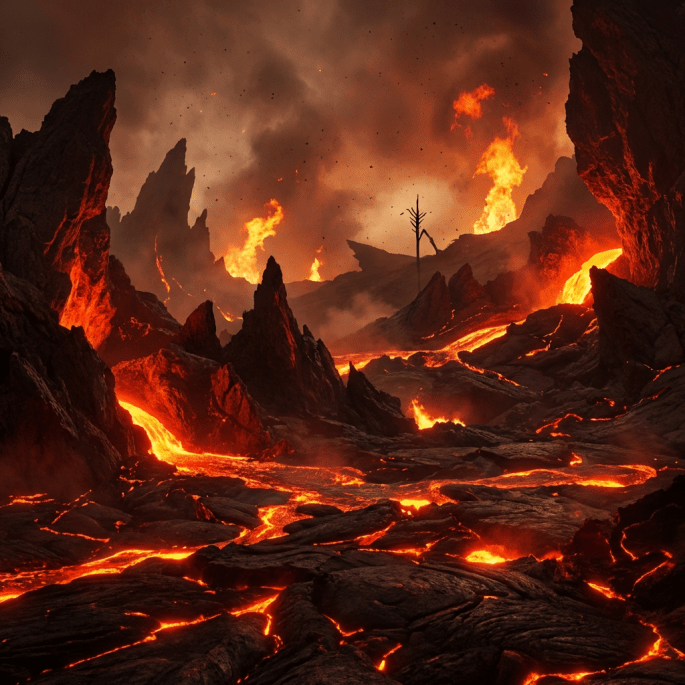 Rivers of glowing orange lava flowing through a dark, jagged volcanic rock landscape.