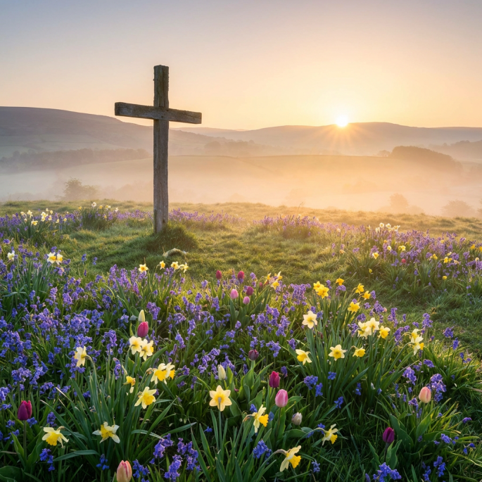 Wooden cross on a hill of spring wildflowers during a misty sunrise.