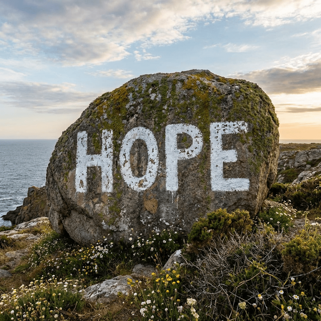 Large mossy boulder on a coastal cliff featuring the word HOPE in white paint.
