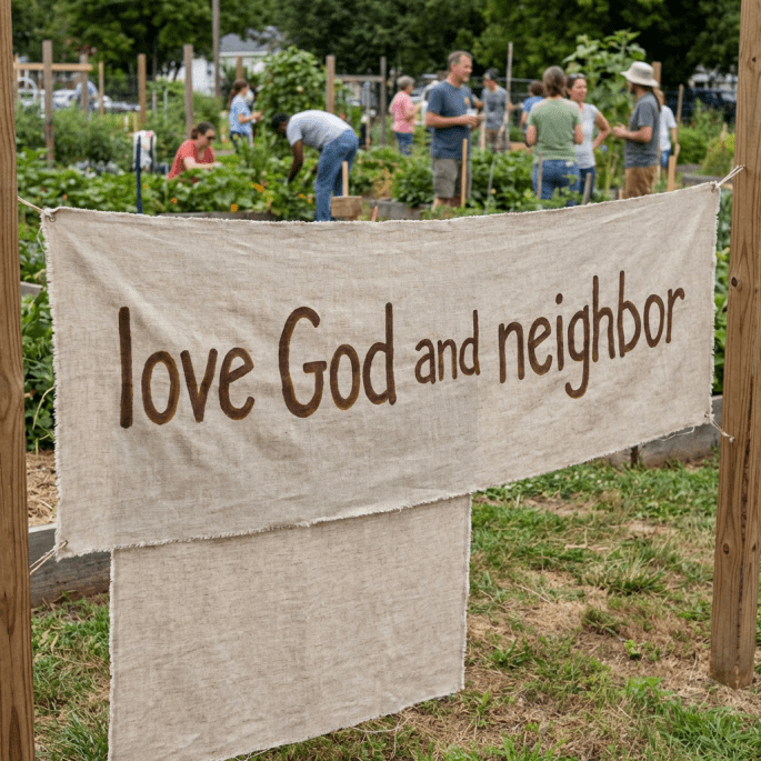 A burlap banner reading 'love God and neighbor' displayed in a vibrant community garden.