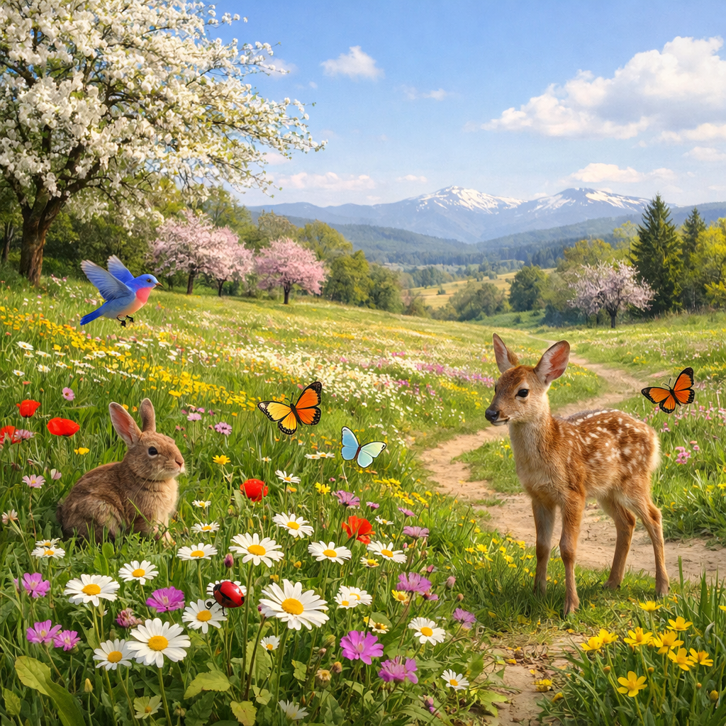 Bright spring meadow with fewer animals