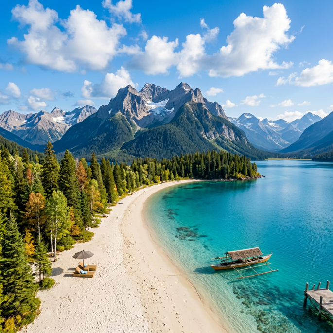 Sandy beach with umbrella, wooden boat on clear blue lake, surrounded by forest and mountain peaks