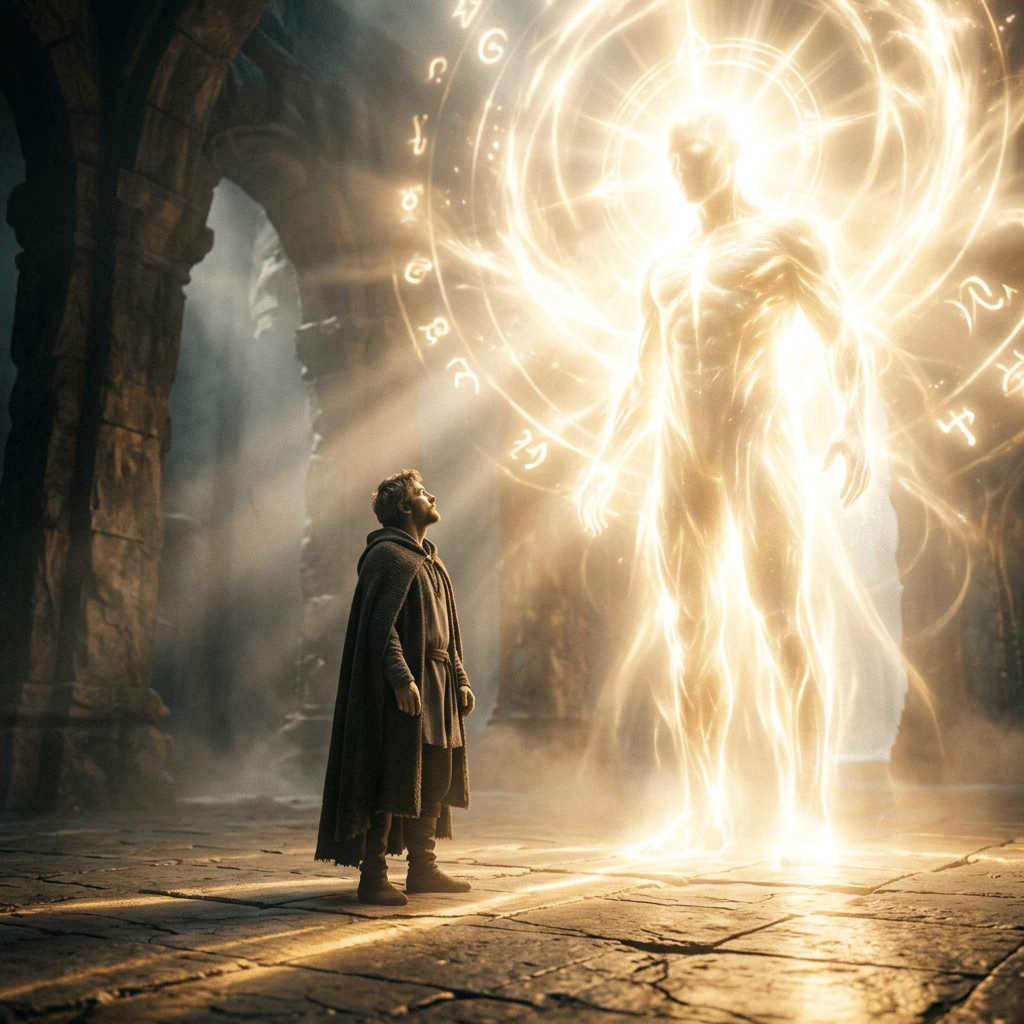 A cloaked man looking up at a luminous humanoid figure surrounded by glowing arcane symbols in a stone chamber