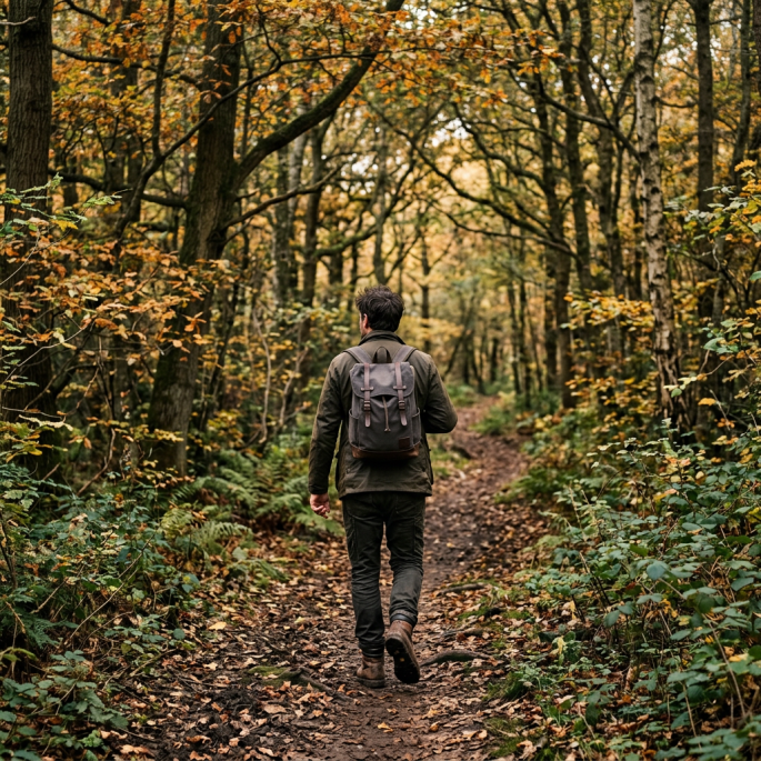 Man walking on a dirt trail in an autumn forest with colorful foliage