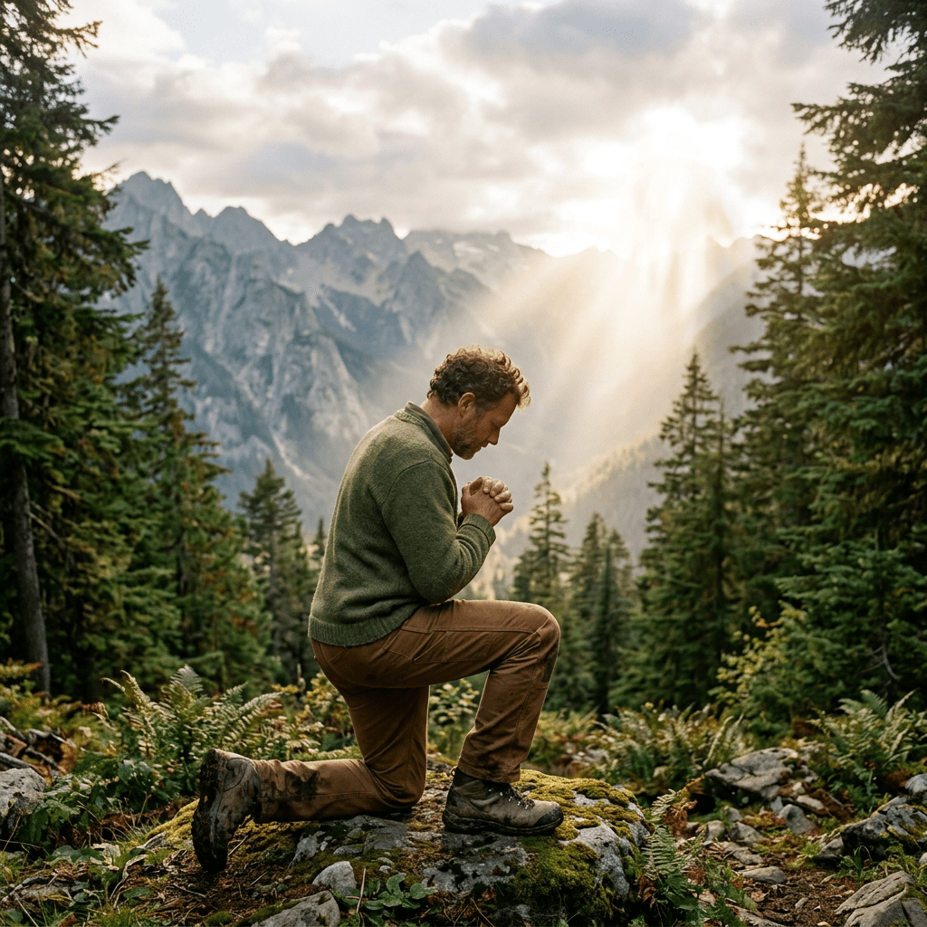 Man kneeling on one knee in forest with sun rays shining through mountains