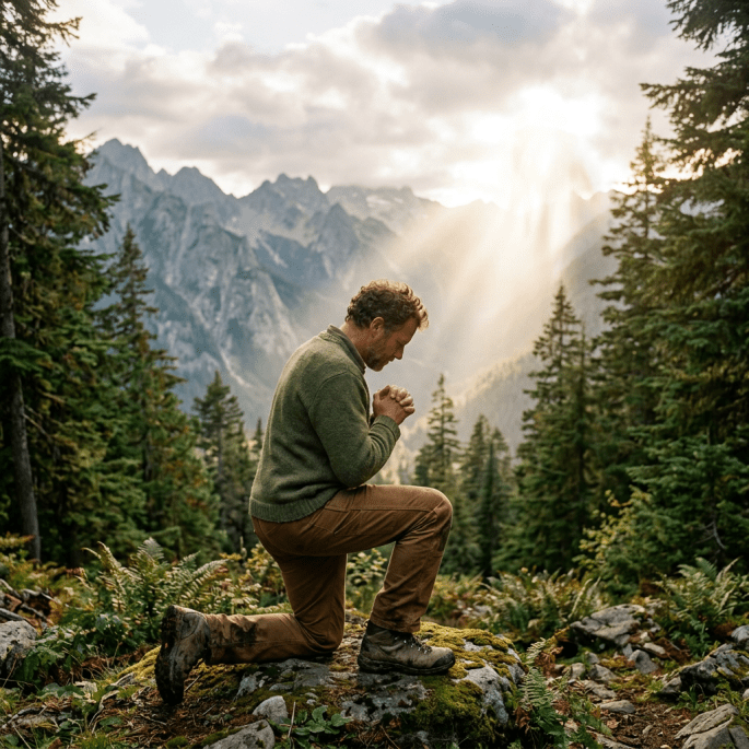 Man kneeling on one knee in forest with sun rays shining through mountains