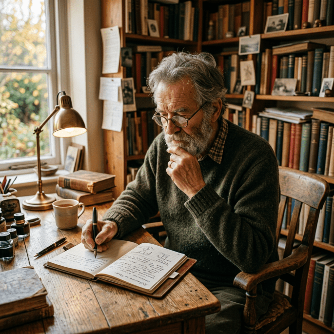Older man writing in a journal at a wooden desk surrounded by books