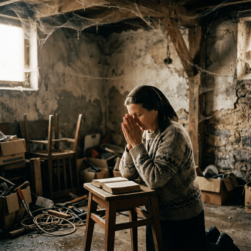 Woman kneeling and praying over a book in a rustic basement