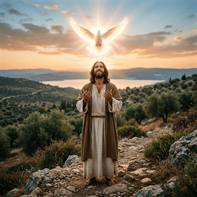 A man in biblical-style clothing standing outdoors with glowing white dove above him