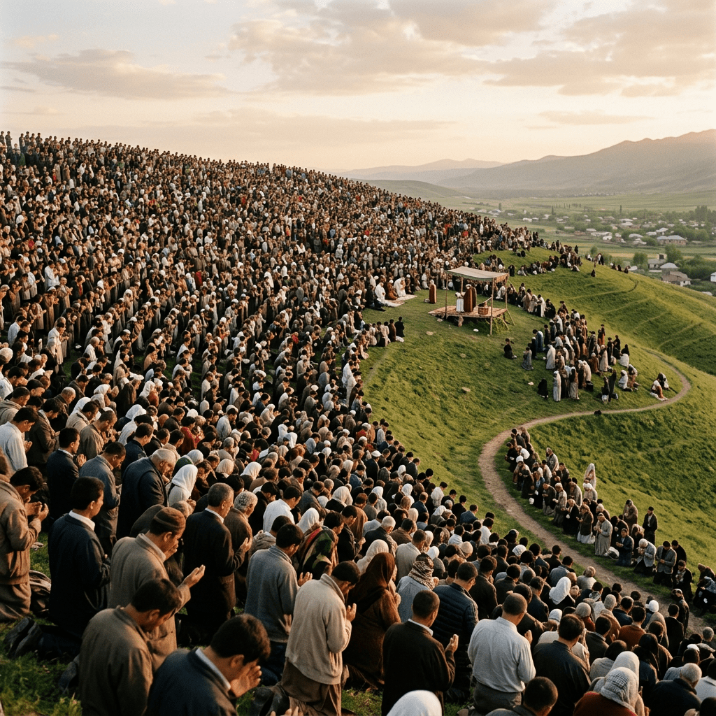 Large crowd kneeling and praying on grassy hillside around an outdoor altar