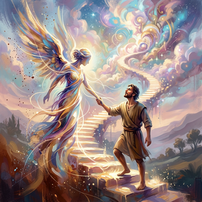 Man holding hands with a glowing angel ascending a celestial staircase.