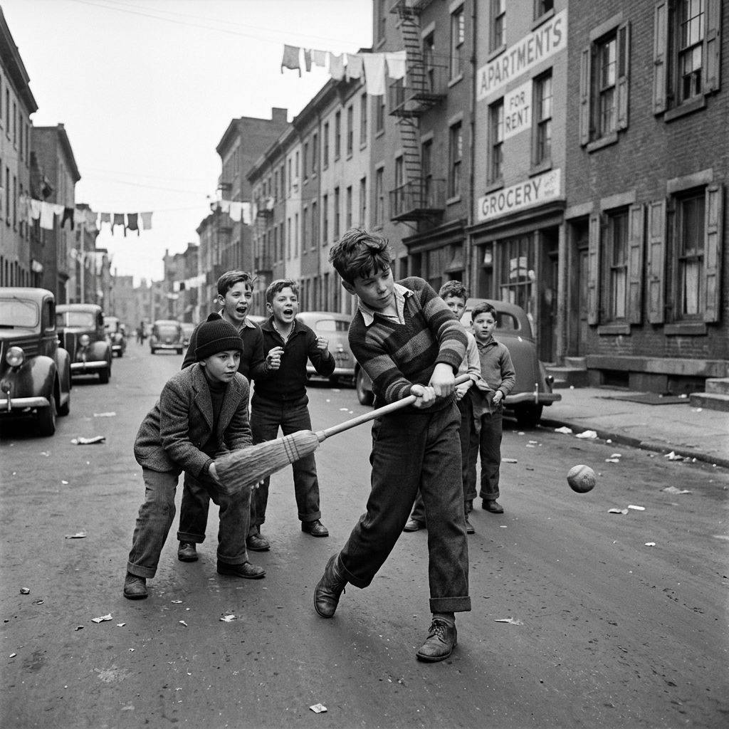 Boys playing stickball in a 1950s urban street with vintage cars and hanging laundry