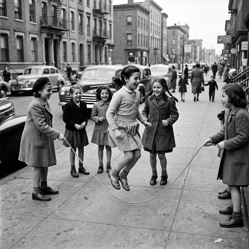 Girls playing jump rope on a city sidewalk with vintage cars in background