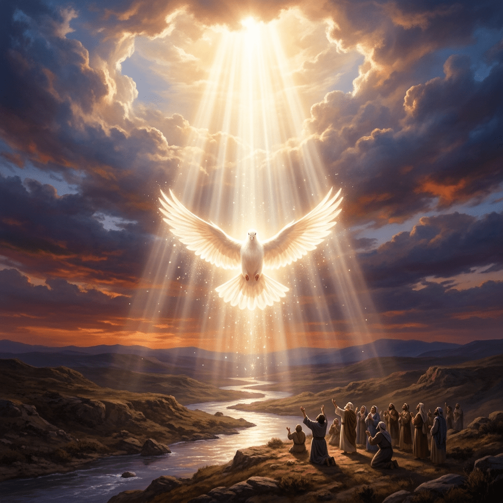 Radiant white dove with glowing wings descending toward a kneeling group by a river
