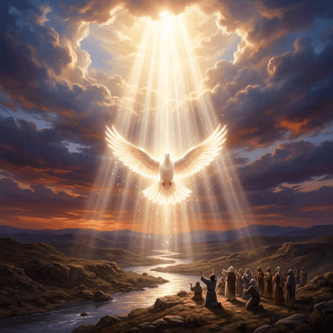 Radiant white dove with glowing wings descending toward a kneeling group by a river