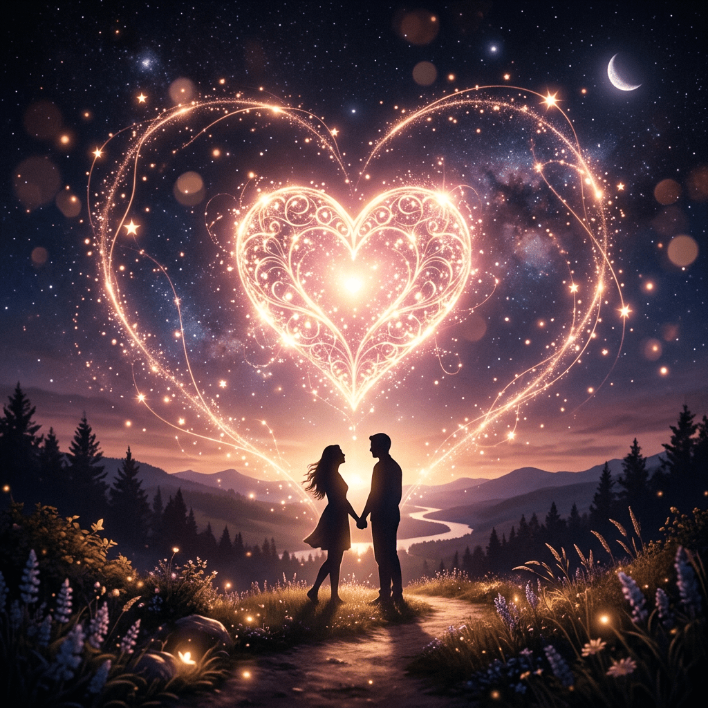 Silhouetted couple holding hands with glowing heart and stars above at dusk