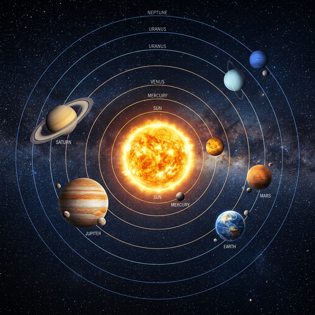 Sun with planets Mercury, Venus, Earth, Mars, Jupiter, Saturn, Uranus, Neptune orbiting
