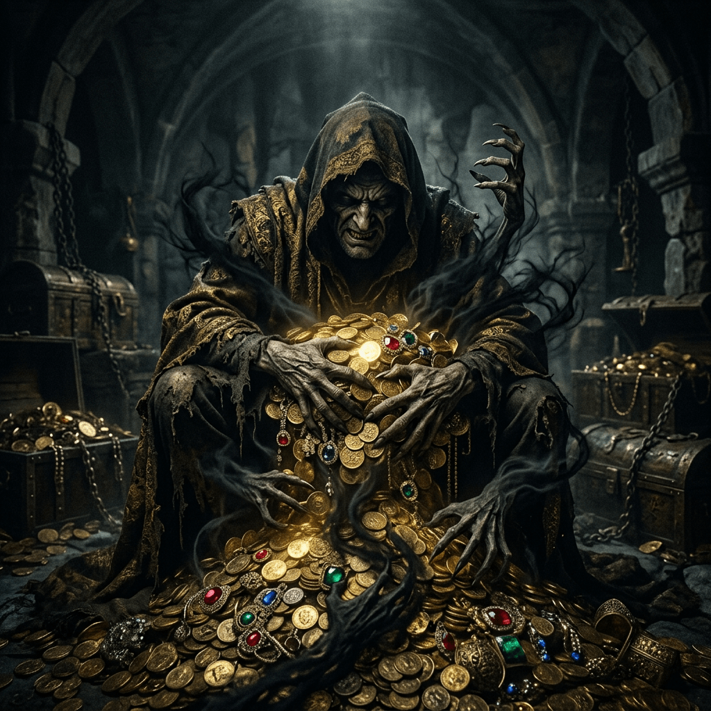 Dark hooded figure with skeletal hands grasping gold coins and jeweled treasures surrounded by black smoke in a stone chamber