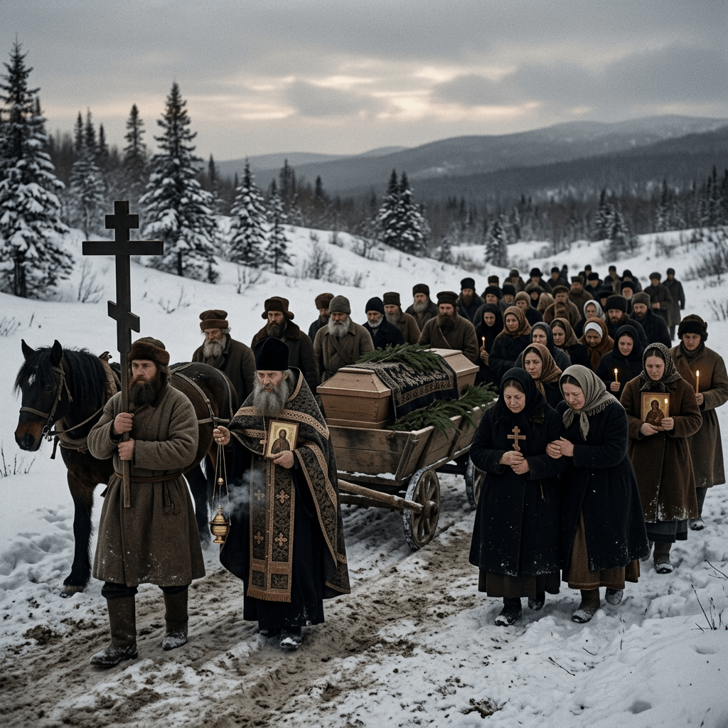 Russian Orthodox funeral procession with people carrying crosses and icons in snowy landscape