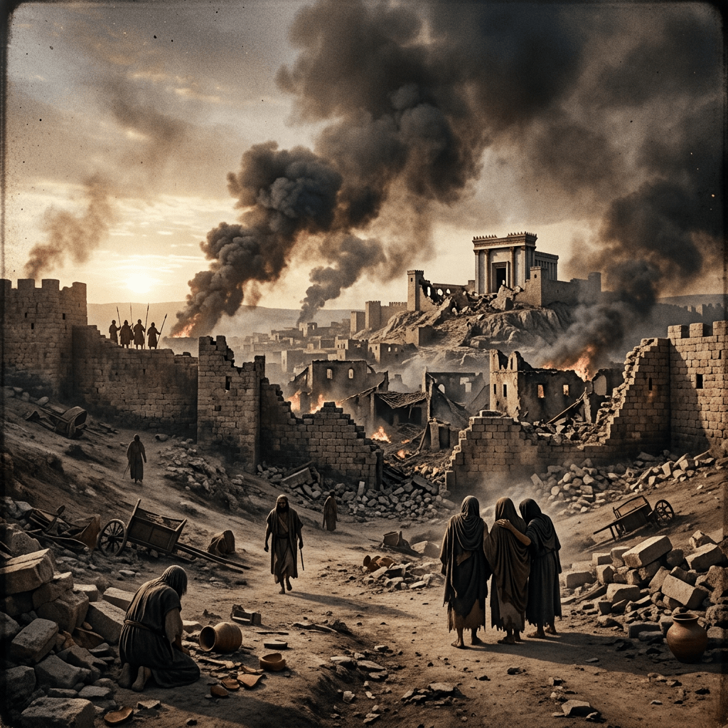 Ruined ancient city with people walking amid rubble and smoke from fires