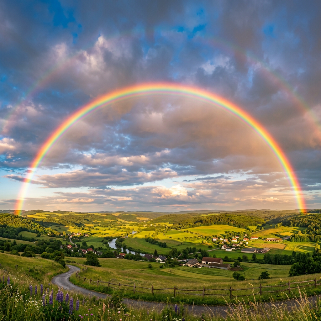 Double rainbow over a green countryside valley with houses and winding river