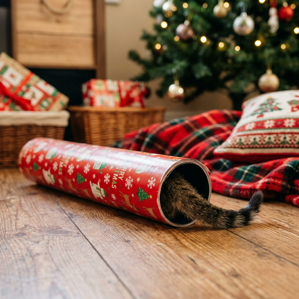 Cat tail sticking out of a red Christmas-themed wrapping paper tube on wooden floor