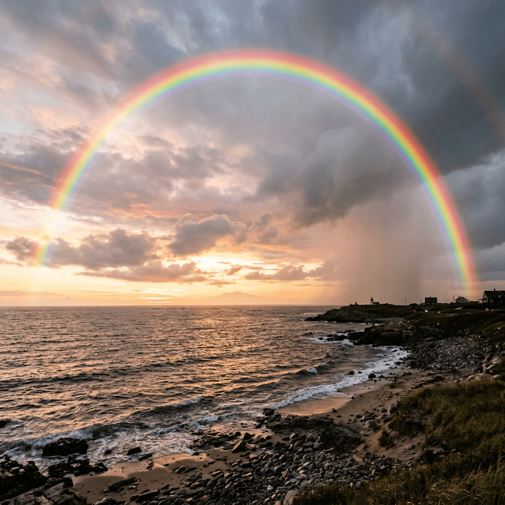 Rainbow over rocky coastline at sunset with clouds and ocean waves