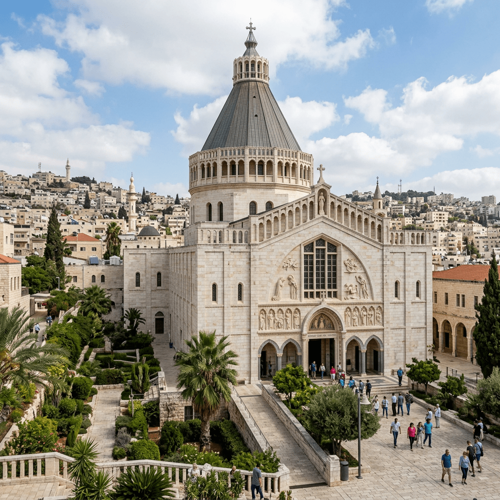 Large stone basilica with domed roof, gardens, and hillside city