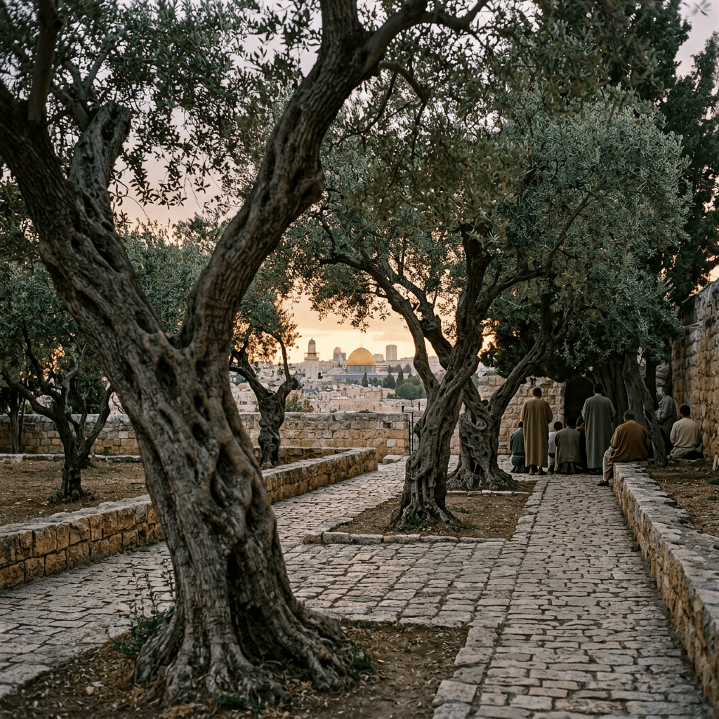 Stone path through olive trees overlooking Jerusalem and the golden Dome of the Rock