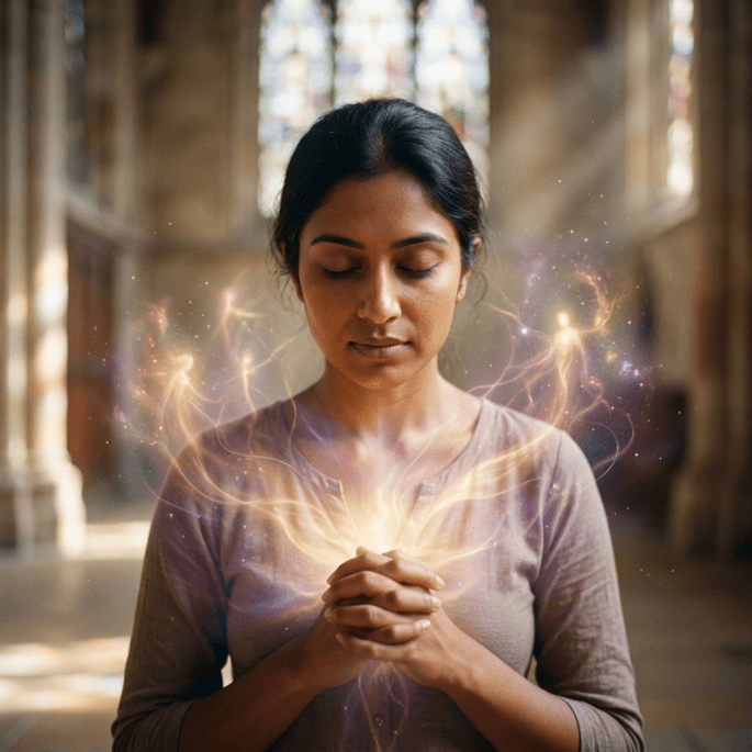 Woman meditating with clasped hands as glowing energy surrounds her in a church