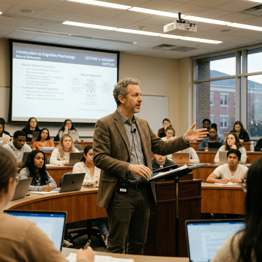 Professor teaching cognitive psychology while students follow along in a lecture hall