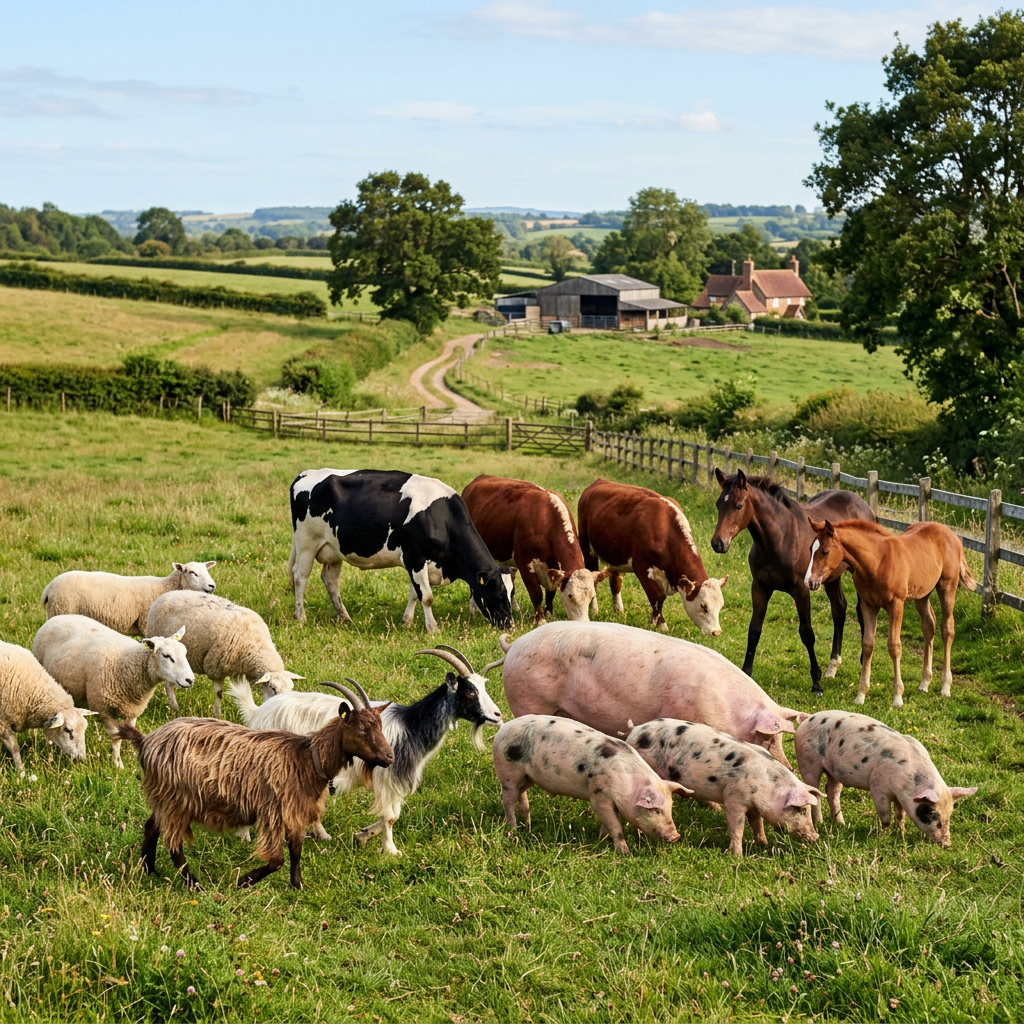 Farm animals grazing in a green pasture near a farmhouse