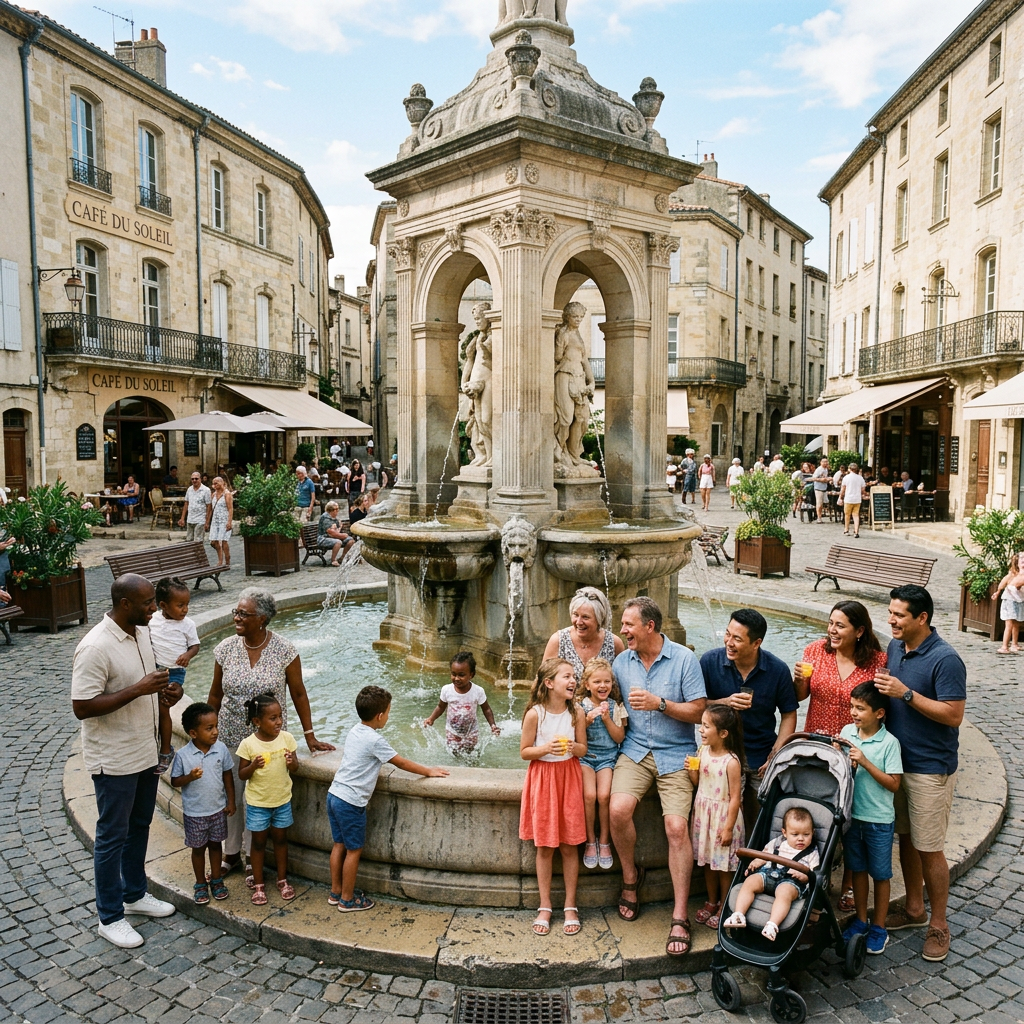 Families gather around an ornate fountain beside Café du Soleil in a town square