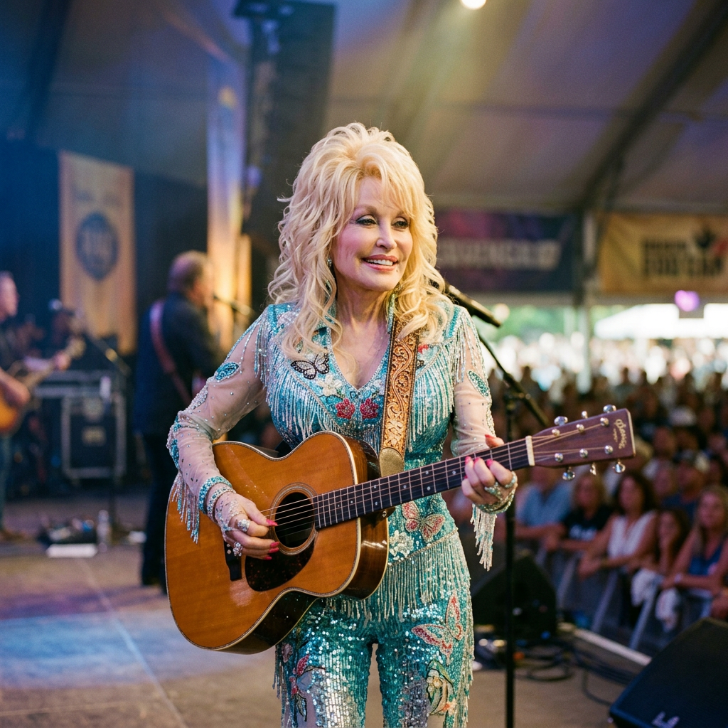 Dolly Parton playing an acoustic guitar onstage before a crowd