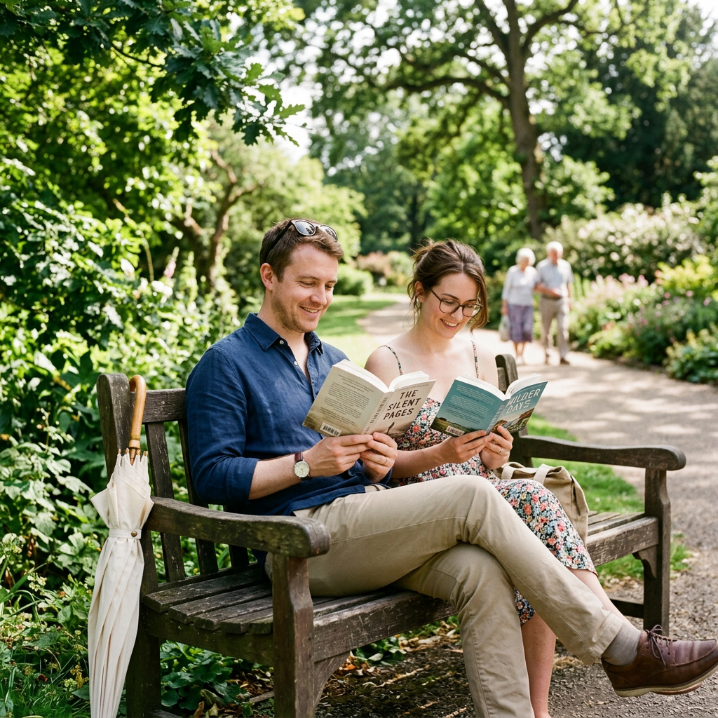 Couple reading books together on a bench in a leafy garden