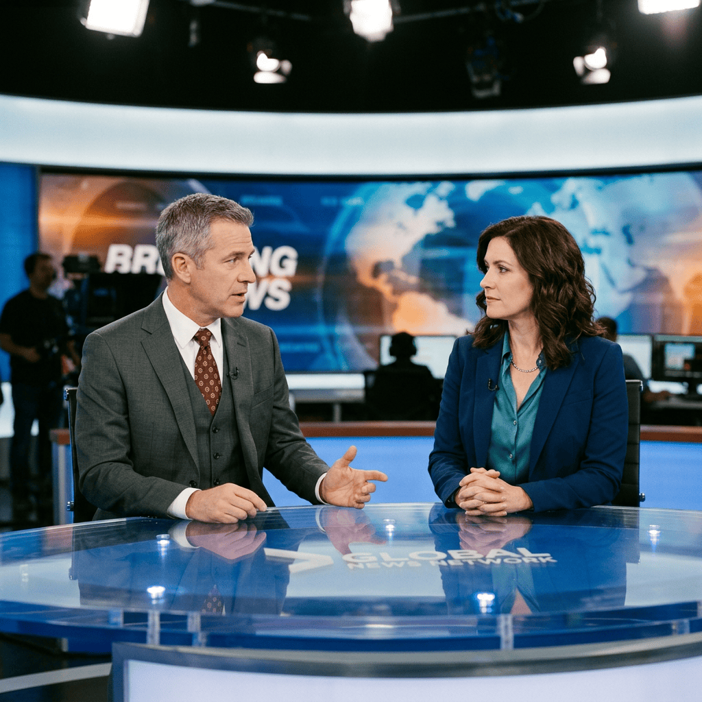 Two news anchors conversing at a news desk with breaking news screens behind them