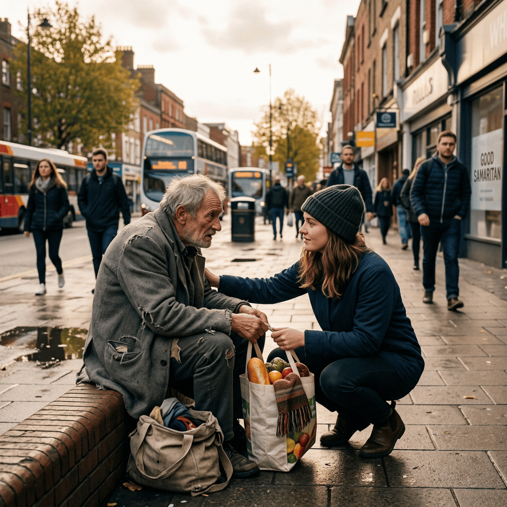 Woman offering groceries to an older man on a city sidewalk