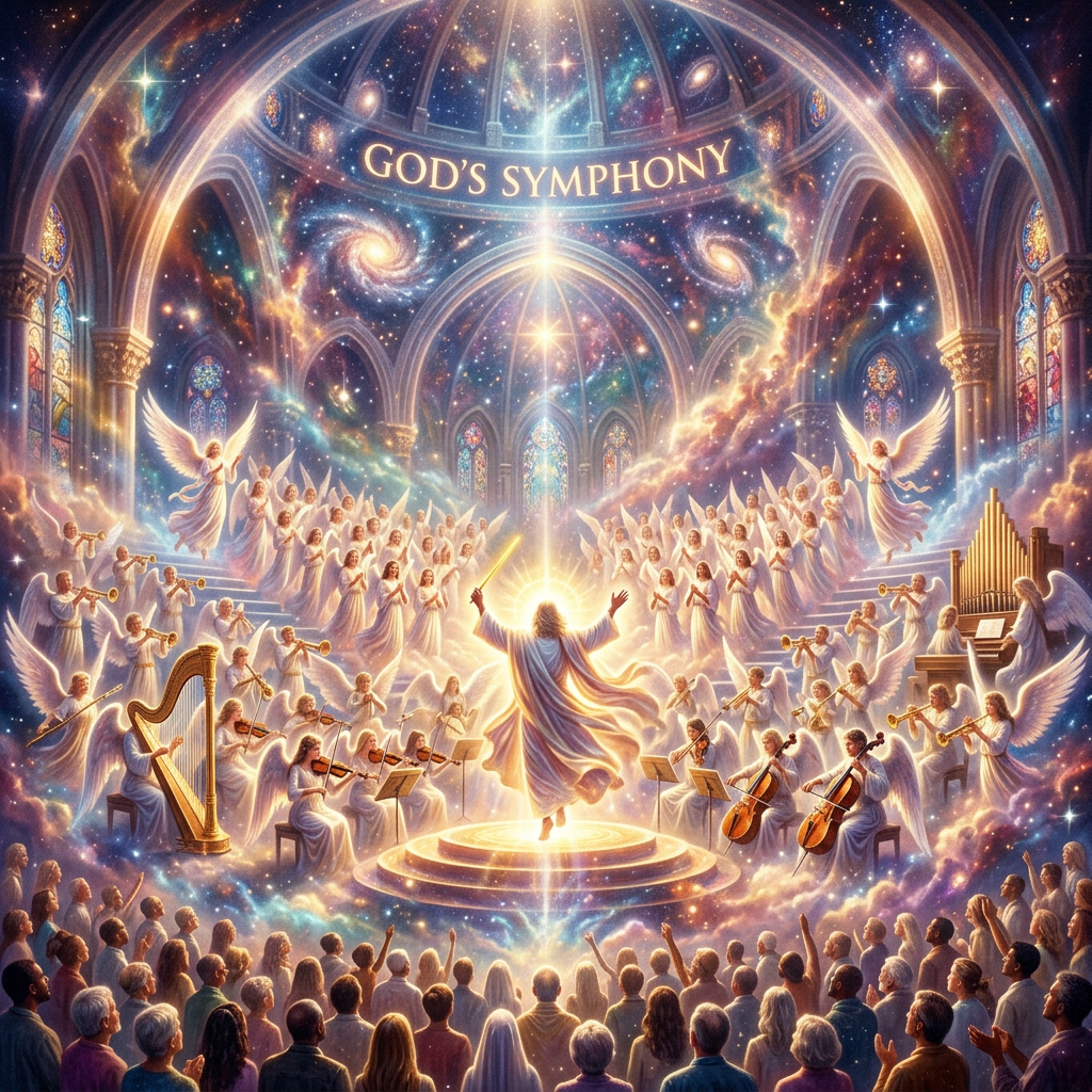 Text reading GOD’S SYMPHONY above angels and musicians performing in a celestial cathedral
