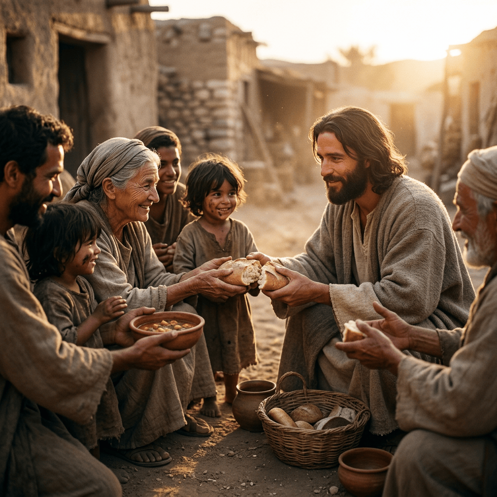 Bearded man sharing bread with villagers and children at sunset