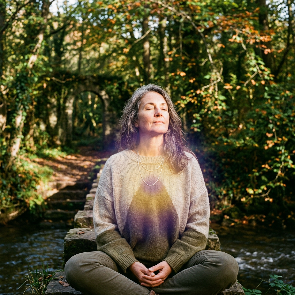 Woman meditating cross-legged beside a forest stream