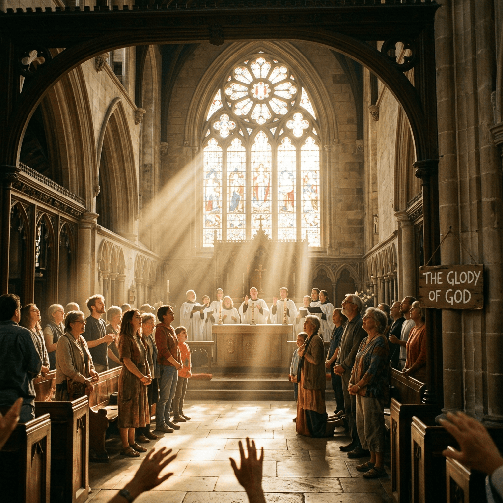 Congregation worshiping at altar beneath stained glass; sign reads “THE GLODY OF GOD.”