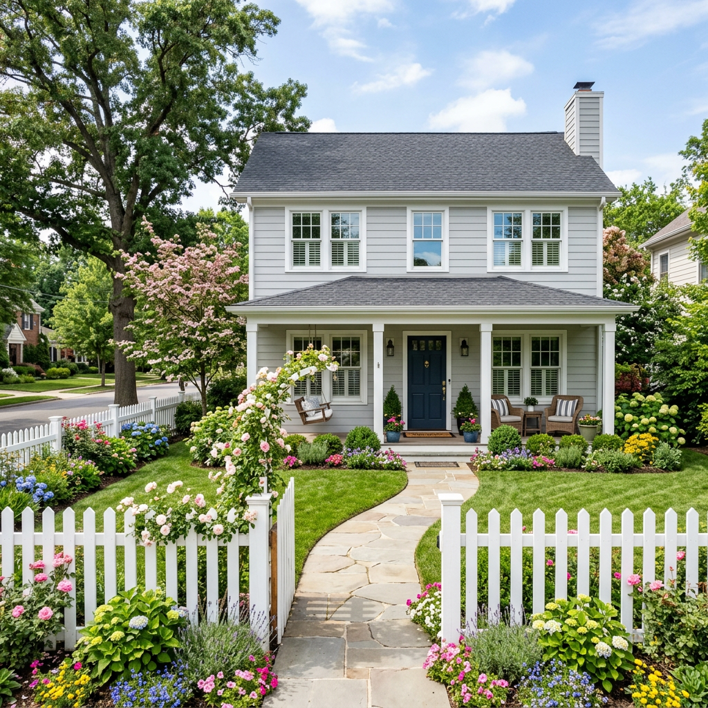 Gray two-story house with flower garden and white picket fence