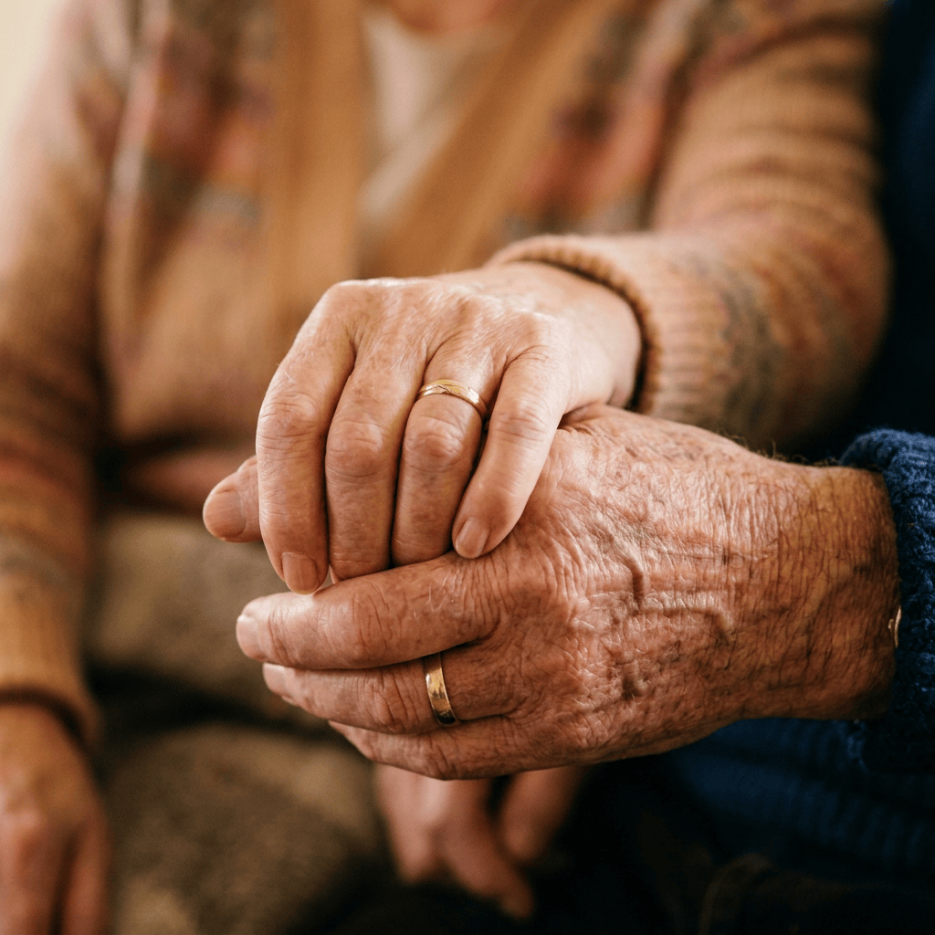 Smiling older couple sitting together and holding hands at home