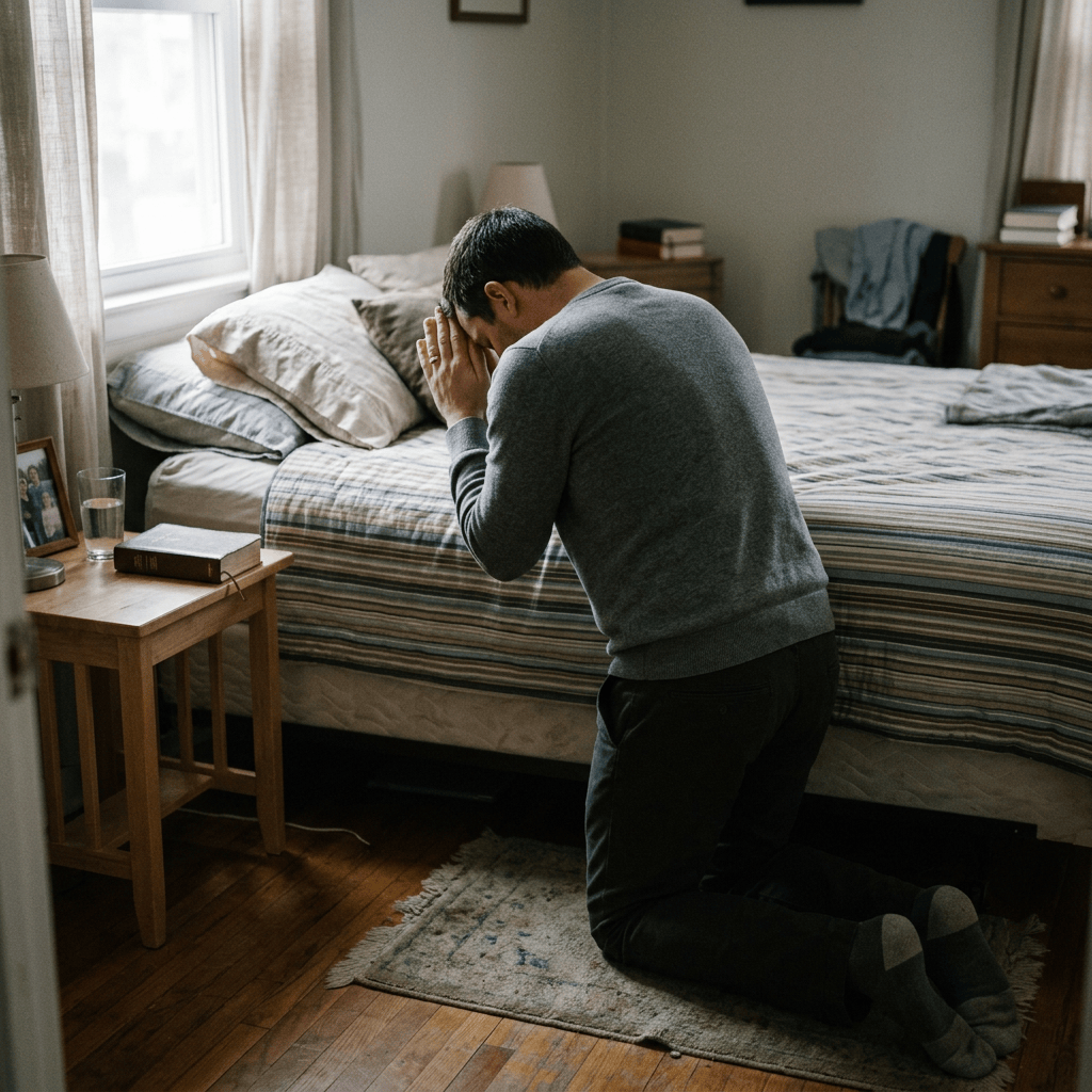 Person kneeling beside a bed with hands clasped