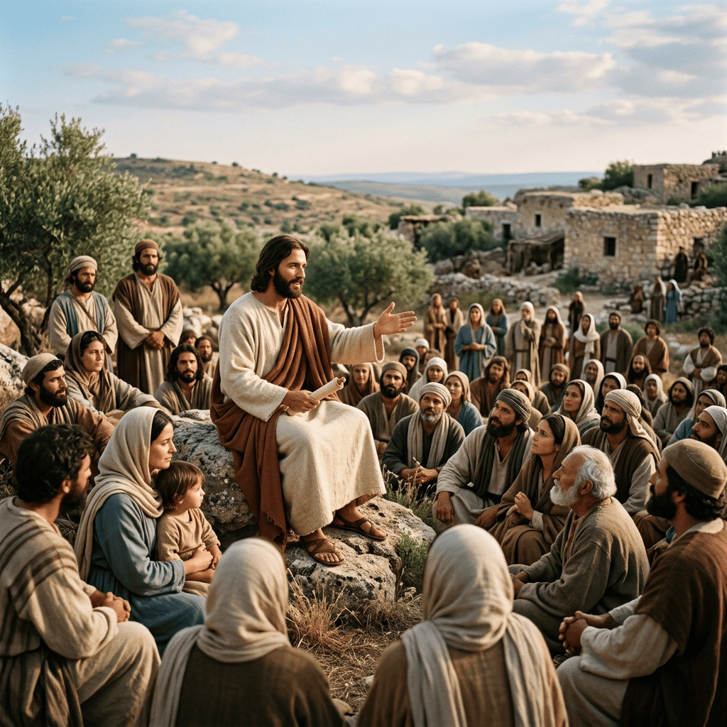 Jesus teaching a seated crowd in an ancient village landscape