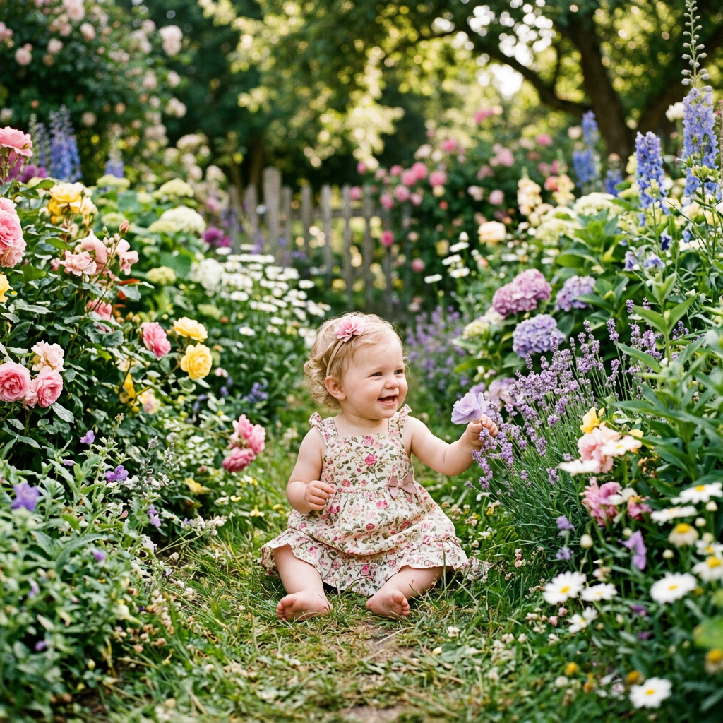 Smiling toddler sitting among colorful flowers in a garden