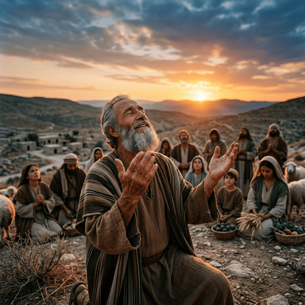 Bearded man praying with a desert community and sheep at sunset
