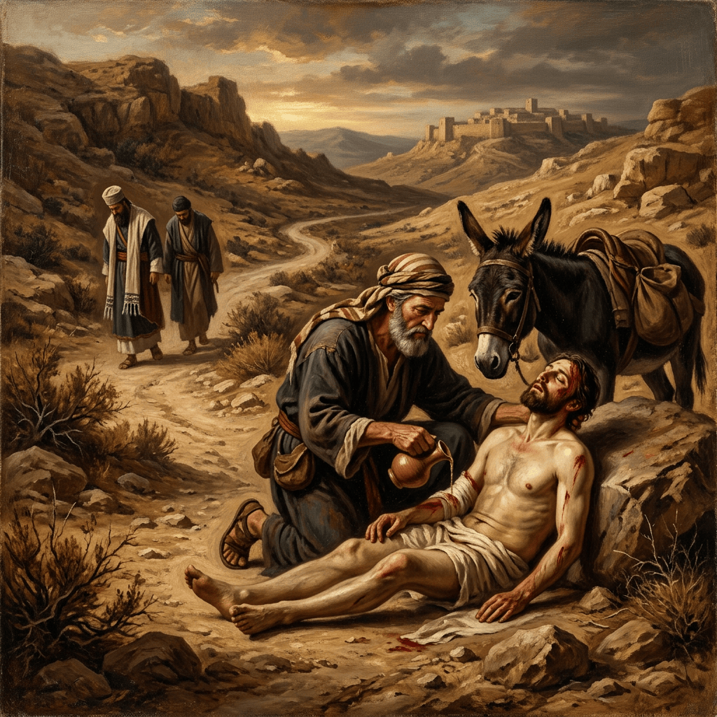 A traveler tends an injured man beside a donkey on a desert road