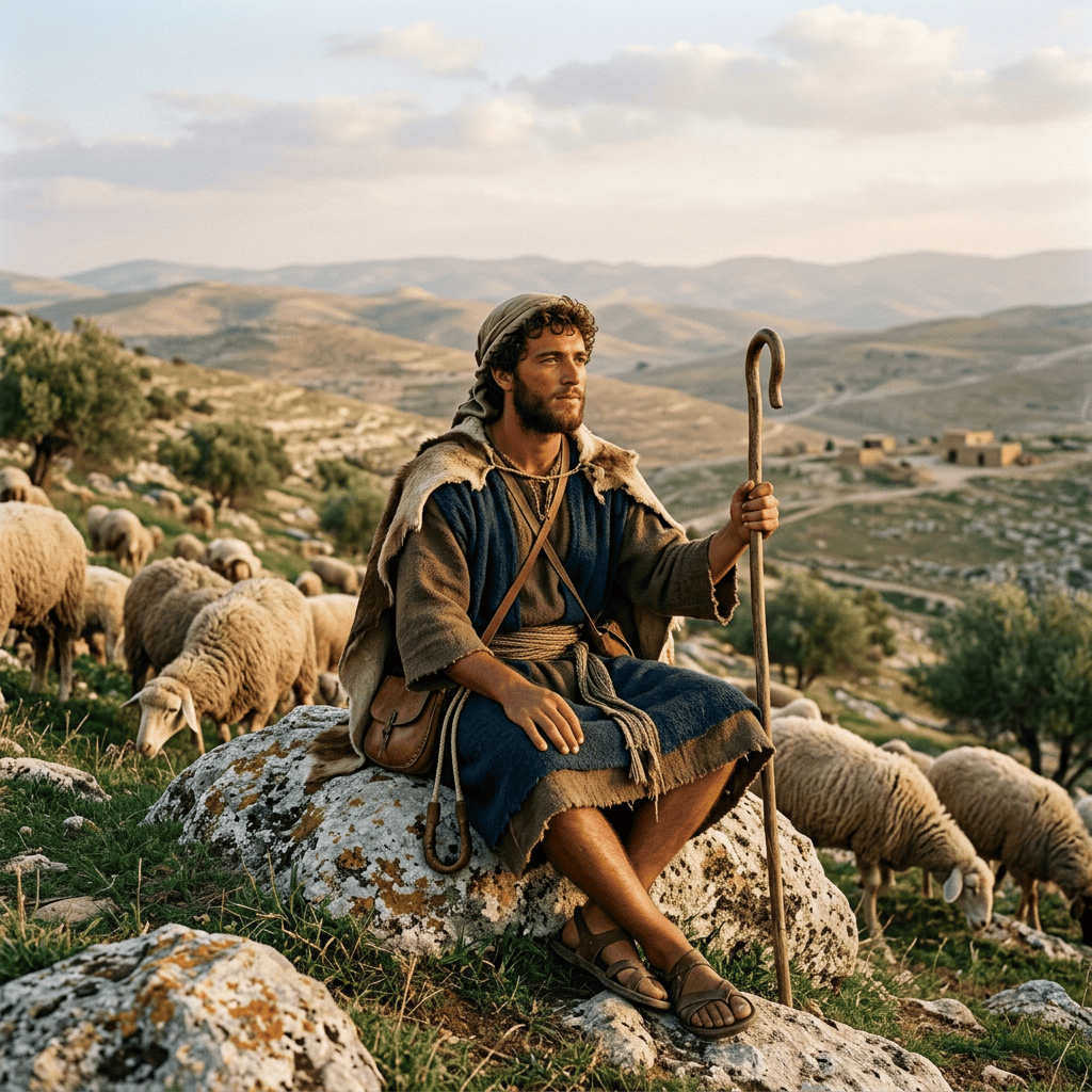 Shepherd holding a staff and tending sheep in a mountain landscape
