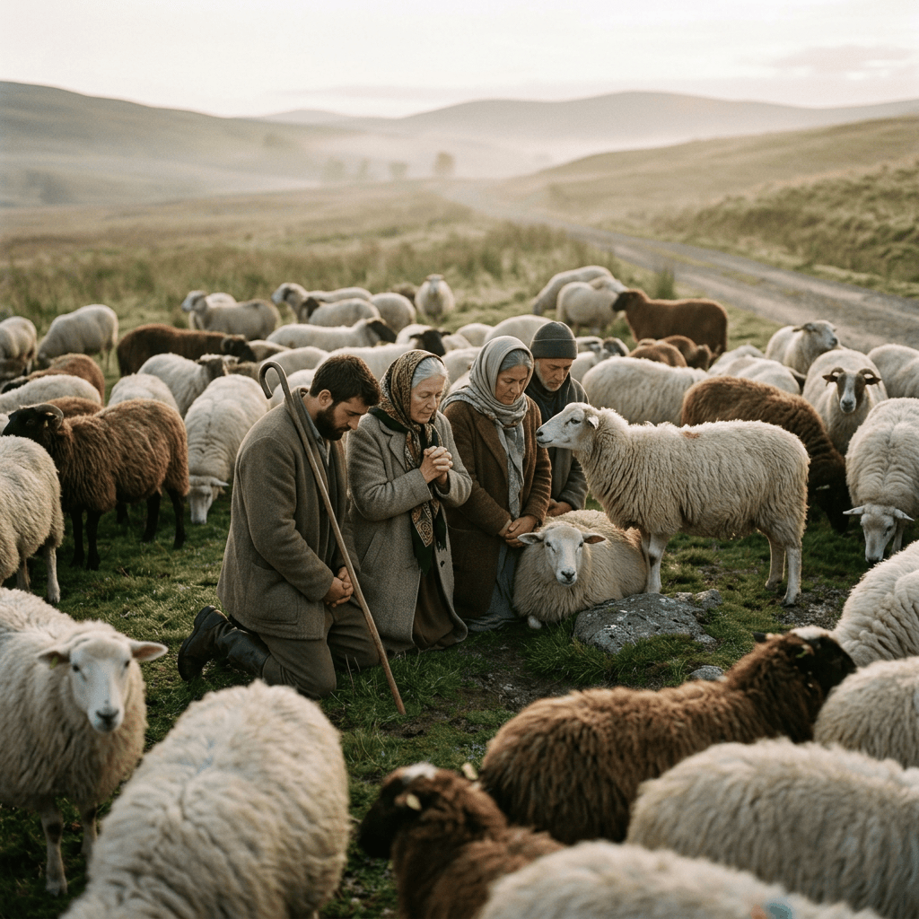 Three shepherds kneeling among a flock of sheep in rolling hills